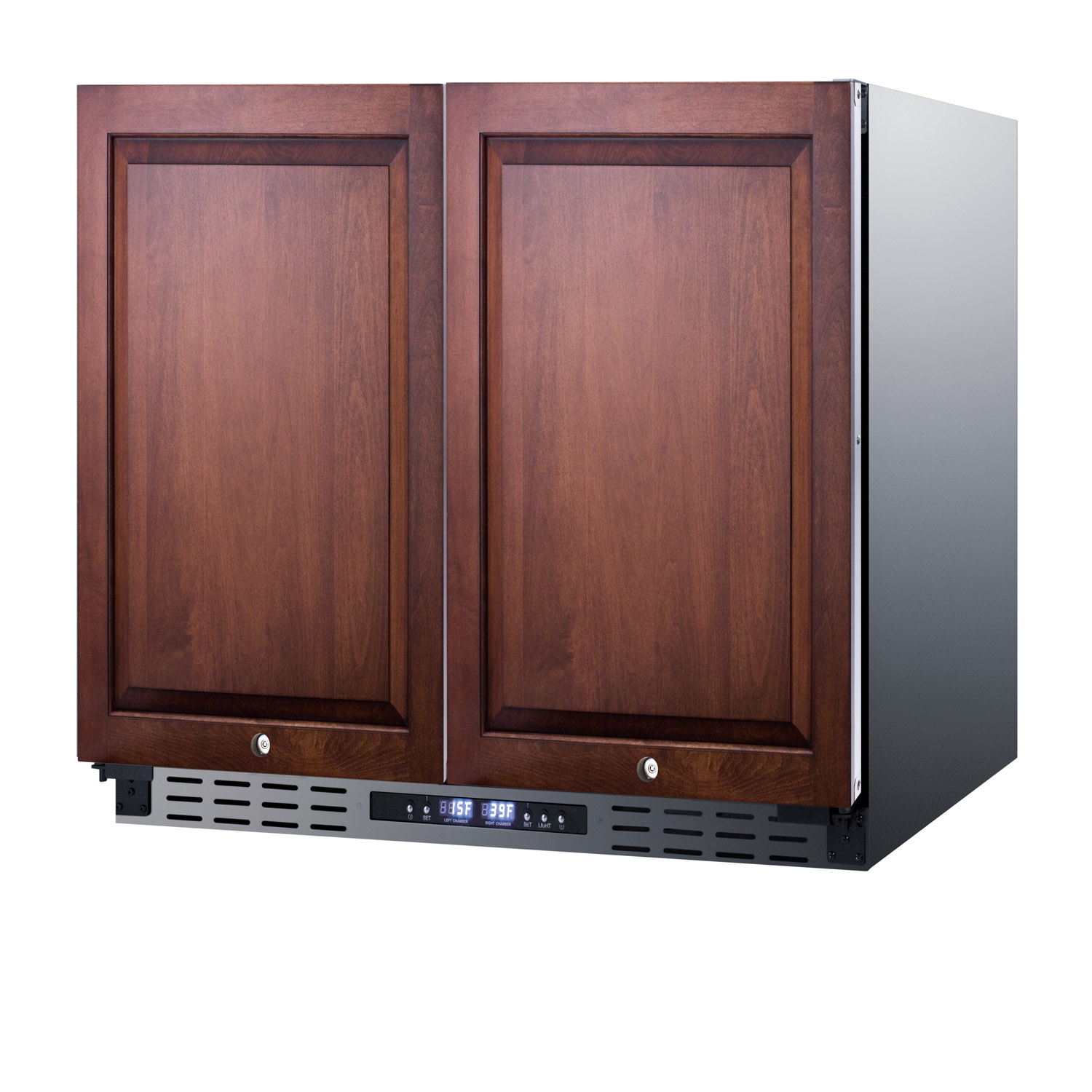 ADA compliant, commercially approved, frost-free, side-by-side refrigerator-freezer for built-in or freestanding use with two panel ready doors, black cabinet, and front-placed digital controls